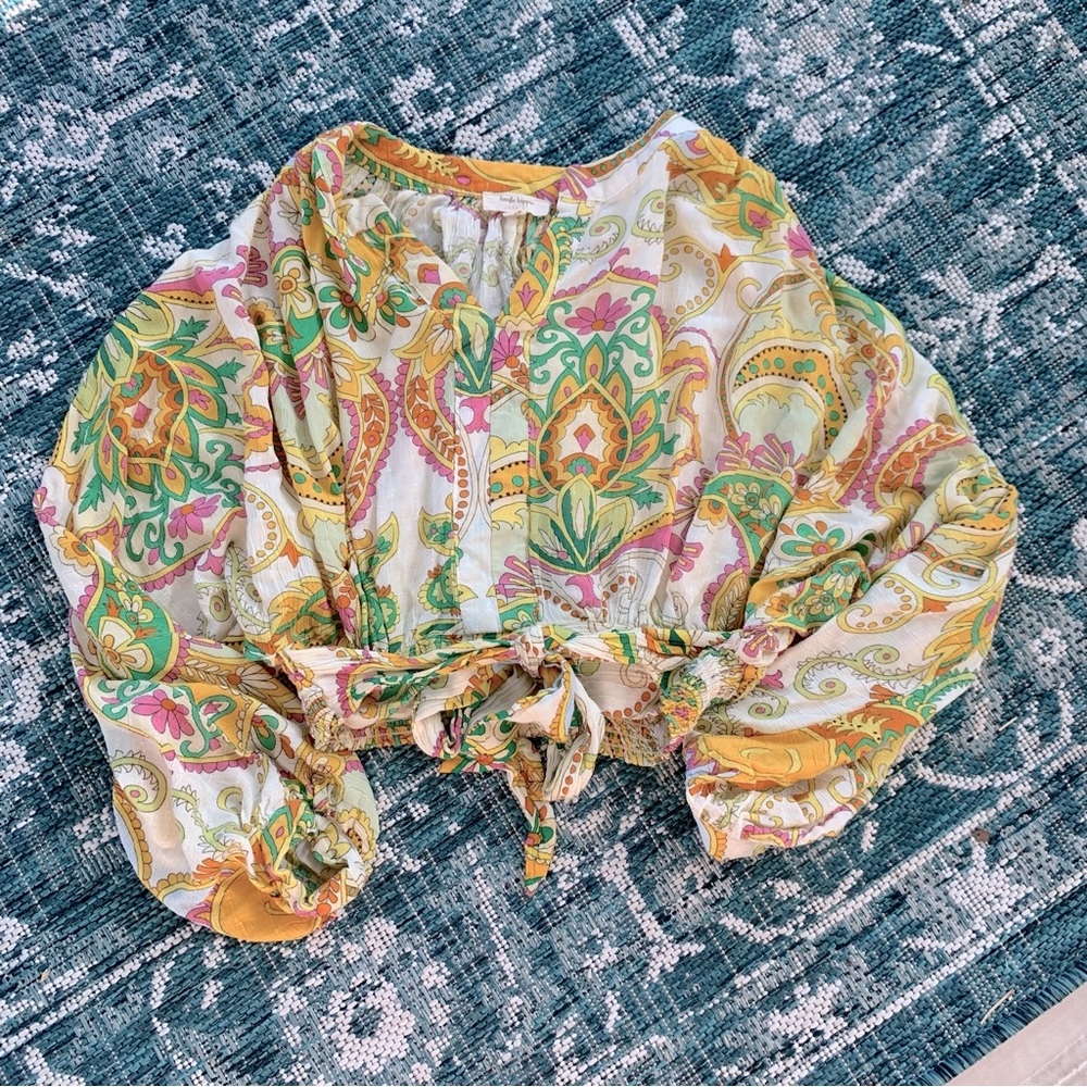 Haute Hippie Paisley Print Crop Top Bright Colorful Festival Hippy 70s Cute